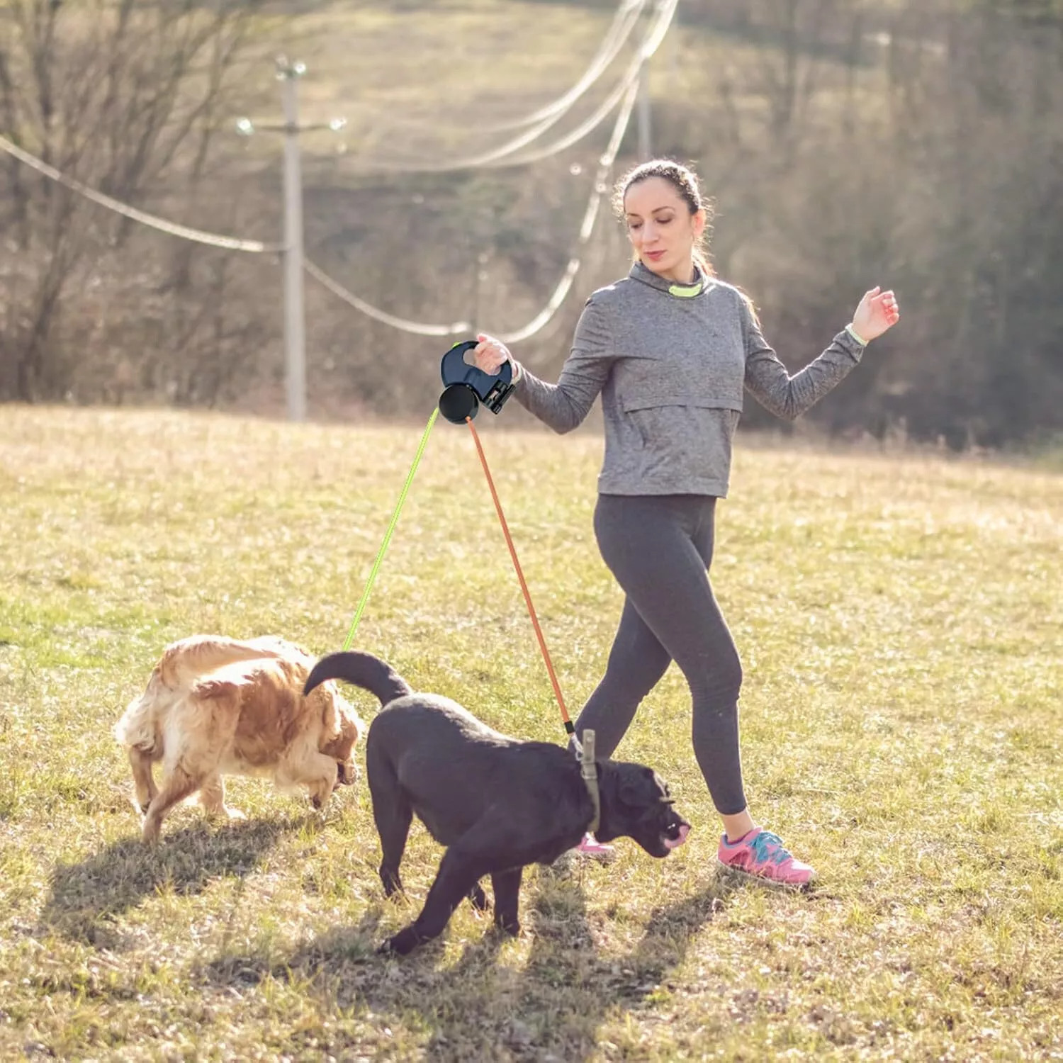Retractable Lead Leash Double Dual Doggie 2 Dog 50 Pounds For Pet - Image 4
