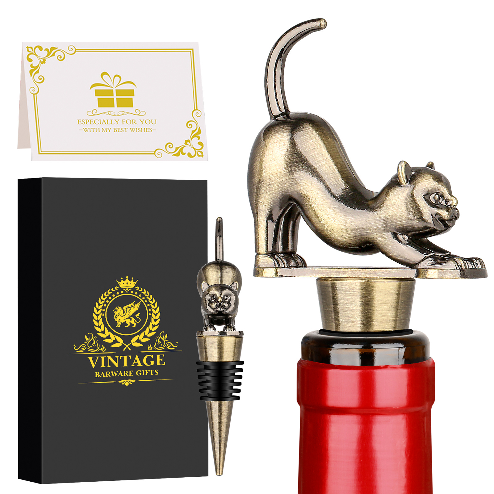 Elegant Upturned Cat Shaped Red Wine Stopper Set With Metallic Luster Bottle Stopper Gift Box, High-end Accessories For Wine Enthusiasts, A Must-have Set For Wine Collectors - Image 3