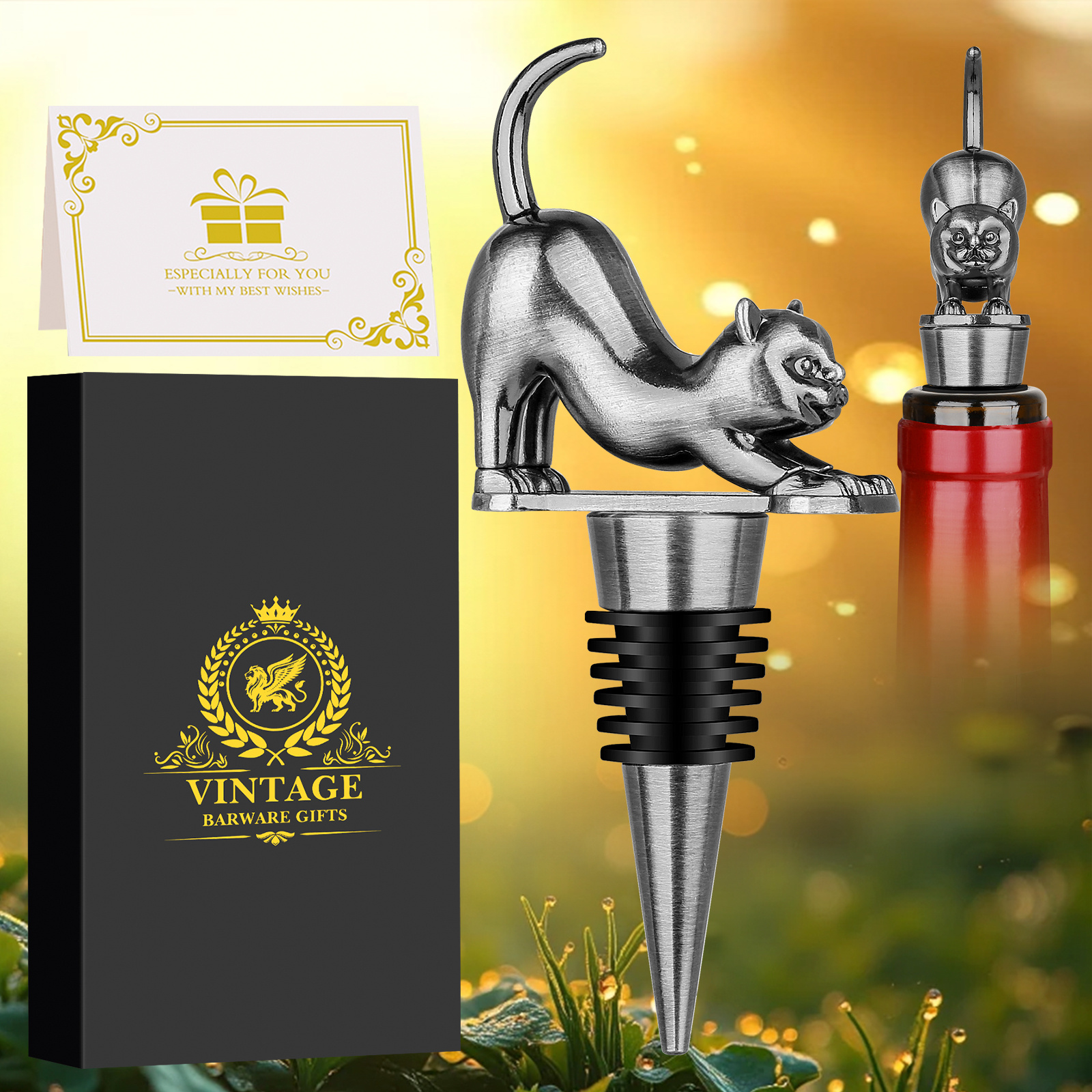 Elegant Upturned Cat Shaped Red Wine Stopper Set With Metallic Luster Bottle Stopper Gift Box, High-end Accessories For Wine Enthusiasts, A Must-have Set For Wine Collectors - Image 8